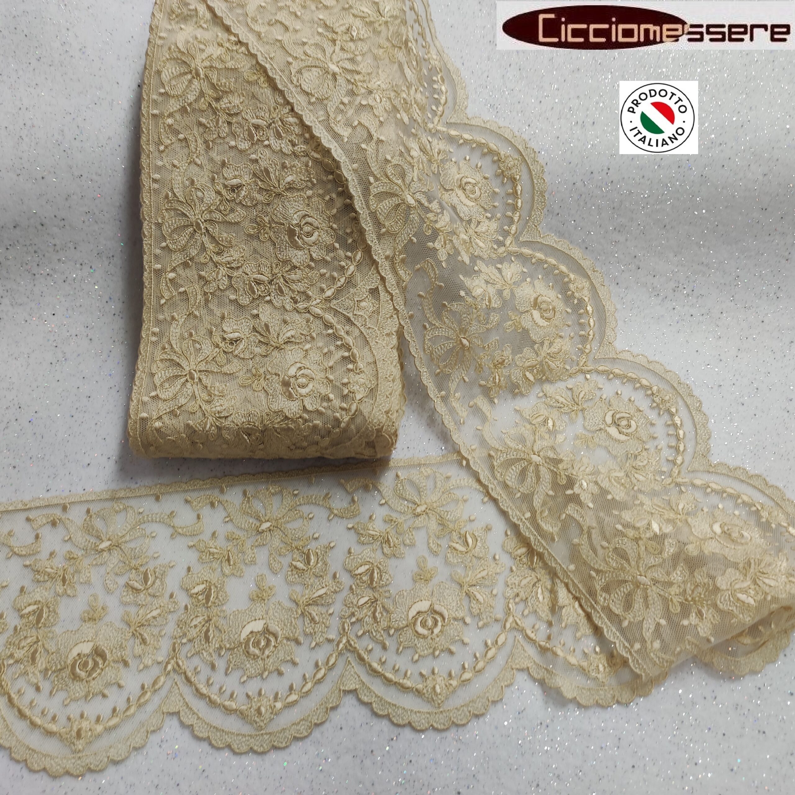 Passamaneria Pizzo Merletto Tulle Beige Altezza 13cm Confezione da 14,80  metri